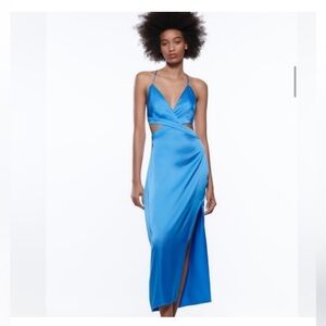 Zara Blue Satin Effect Cutout Midi Dress